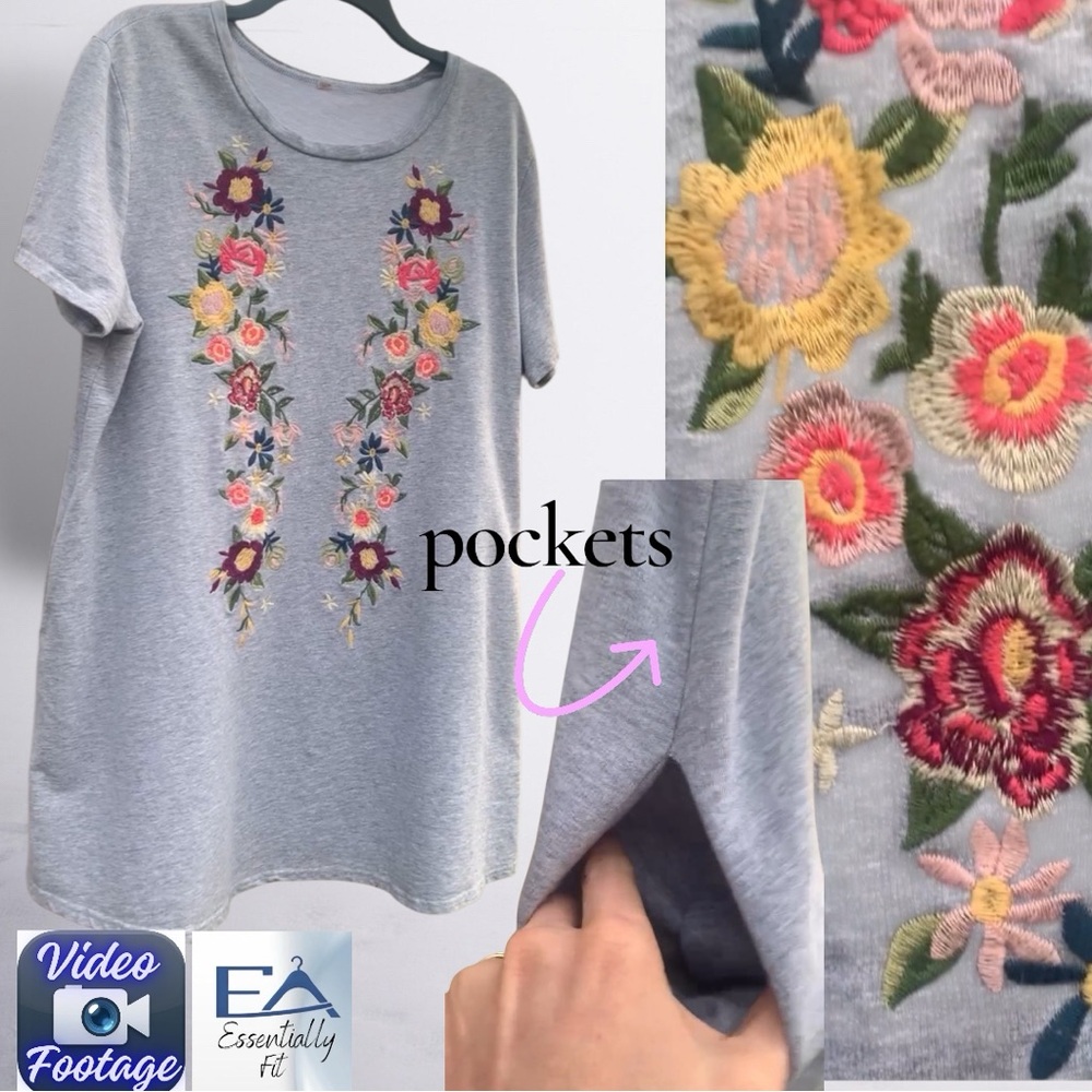 Gray Floral Embroidered T-Shirt Dress w/ Pockets | Boho Cottagecore